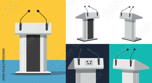 Set of professional podiums or lecterns with dual microphones shown from various angles for speech presentation conference or event planning.