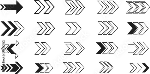 Colorful flat arrow vector icon set with directional pointers chevron outlines navigation symbols for web interface business infographics startup apps and digital UI design elements.