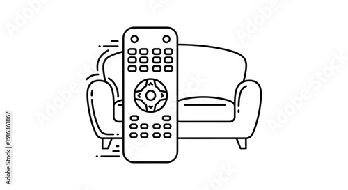 Remote control and sofa icon, minimalist line art for home entertainment and relaxation