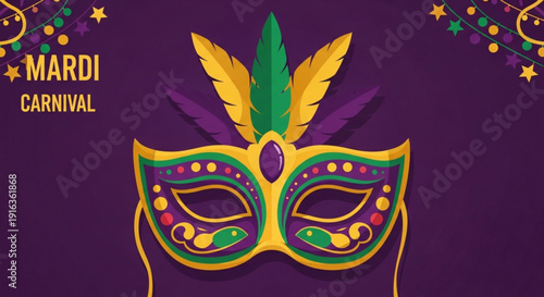Vibrant mardi gras carnival mask with feathers and colorful decorations on purple background