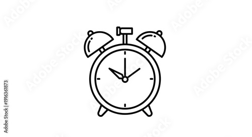 Retro Alarm Clock Icon, Vintage Timepiece Symbol, Simple Line Art Illustration
