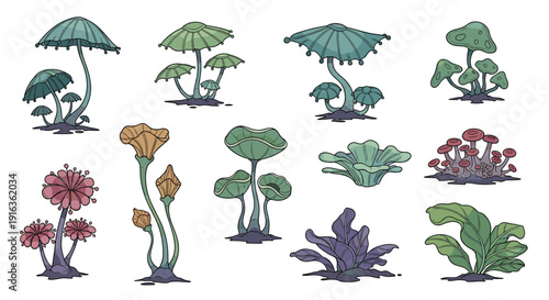 Assortment of imaginative alien plants and mushrooms with unique umbrella shapes and vibrant colors for fantasy or sci-fi environment building.