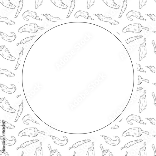 Hand drawn chili pepper circle frame, hot chili frame vintage background