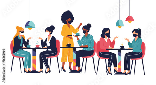 Social scene of diverse women wearing protective face masks and sitting at cafe tables while talking and drinking coffee for safety concept.