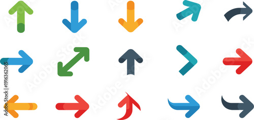Colorful modern arrow vector icon set with directional pointers flat style navigation symbols for web interface business infographics and digital presentation design elements.