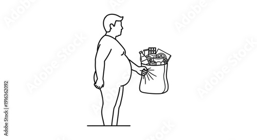 Overweight Man Holding Bag of Junk Food, Unhealthy Lifestyle Concept