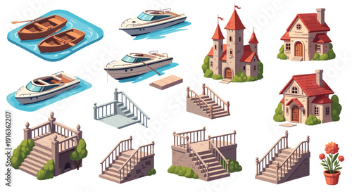 Collection of isometric assets including boats castle house stairs and stone platforms for video game environment construction or architecture.