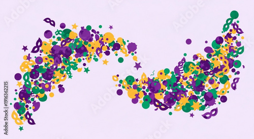 Vibrant mardi gras confetti and masks in purple green and gold festive party decoration elements