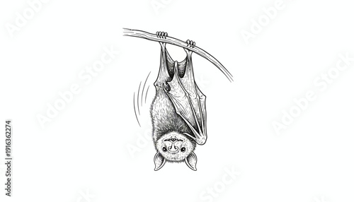 Pencil Sketch of a Bat Hanging Upside Down on a Branch