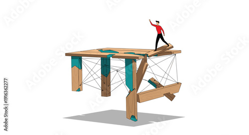 Conceptual illustration of person standing on a fragmented wooden structure supported by thin lines representing instability or construction project.
