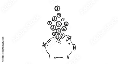 Piggy Bank Cracked with Coins Falling In, Symbolizing Financial Loss or Overspending