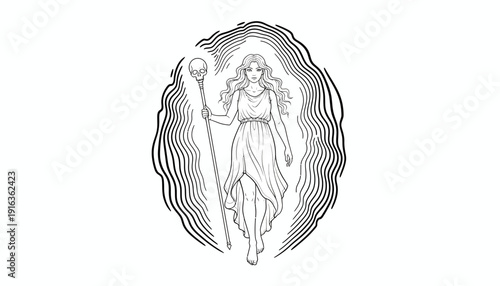 Mysterious sorceress with staff and skull, ethereal glow, fantasy art, line drawing