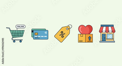 Online Shopping Icons: Cart, Cards, Tag, Gift Box, Store