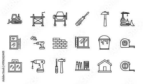 Building Tools and Construction Materials Outline Icons EPS 10