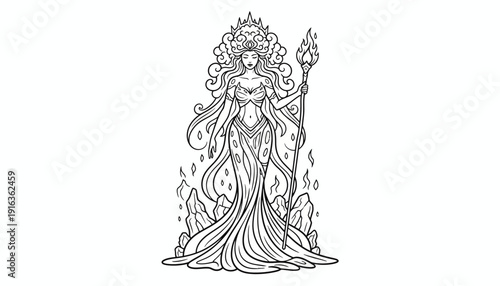 Mythical Fire Goddess with Flowing Hair and Fiery Staff, Outline Drawing