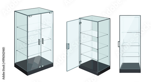 Three glass display cabinets with multiple shelves are shown from different angles including one unit with an open glass door.