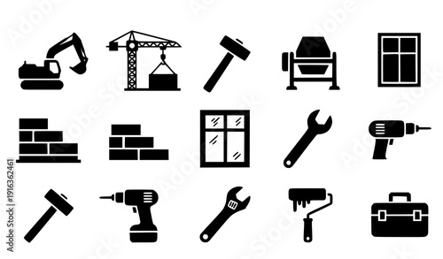 Construction Equipment and DIY Silhouette Icons Vector EPS 10