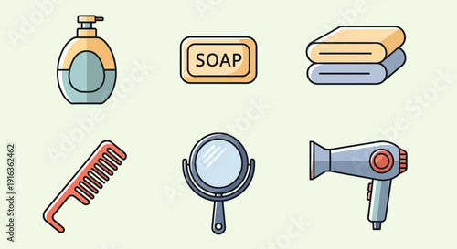 Bathroom Icons: Soap, Towels, Comb, Mirror, Hair Dryer, Lotion