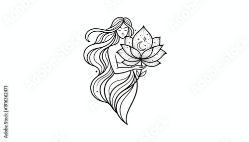 Mystical Woman Holding Cosmic Lotus Flower, Celestial Design, Esoteric Art