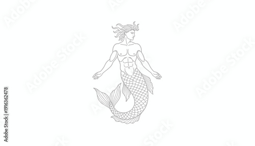 Mythical Merman Illustration: Muscular Male Mermaid with Fish Tail, Ancient Mythology Art