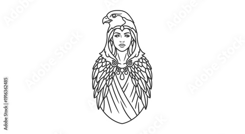 Mythical Warrior Woman with Eagle Headdress and Feathered Cape, Line Art