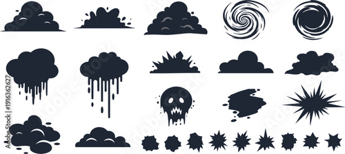 Dark cloud silhouette vector set with mysterious black fog swirling vortexes dripping skull icons and atmospheric smoke shapes for spooky game background design elements.