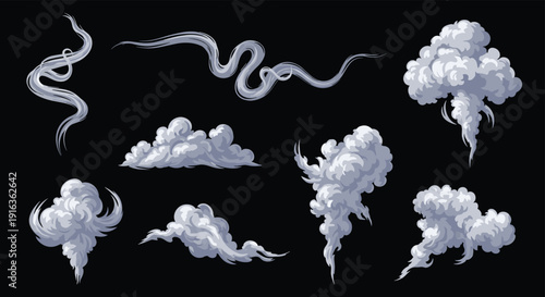 Assortment of smoke and cloud formations features wispy trails and billowing plumes against a solid black background effect.