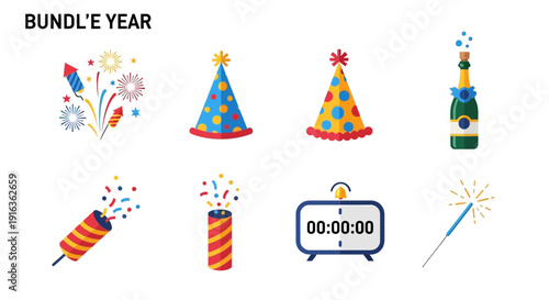 Celebration Icons: Fireworks, Party Hats, Champagne, Sparkler