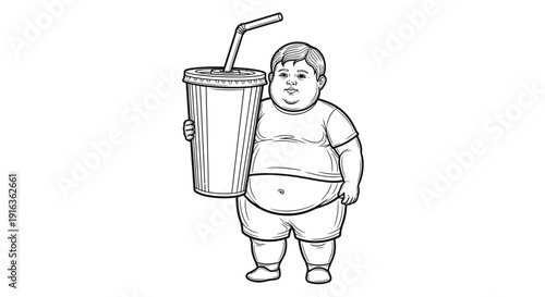 Obese Boy Holding Giant Soda Cup with Straw - Unhealthy Lifestyle Concept