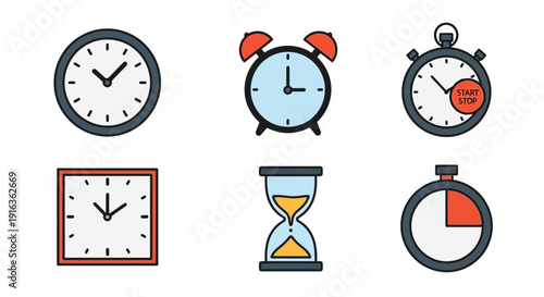 Time Icons: Clocks, Stopwatch, Hourglass