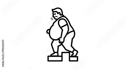 Obese Man Struggling to Climb Stairs, Weight Gain Problem, Health Issue Icon