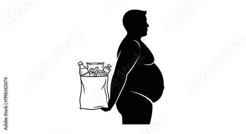 Obese Man Silhouette Carrying Grocery Bag, Unhealthy Lifestyle Concept