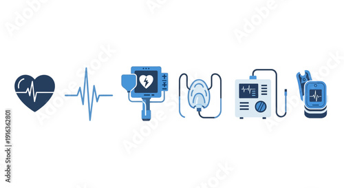 Medical monitoring icons: heart rate, ECG, ventilator, defibrillator, phone