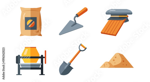 Construction tools icons: cement bag, trowel, concrete mixer, shovel, sand