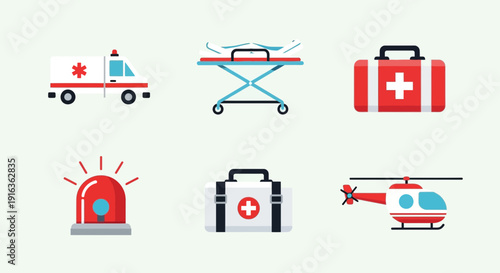 Emergency medical service icons: ambulance, stretcher, first aid, siren