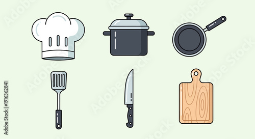 Kitchenware icons: chef hat, pot, frying pan, spatula, knife, cutting board