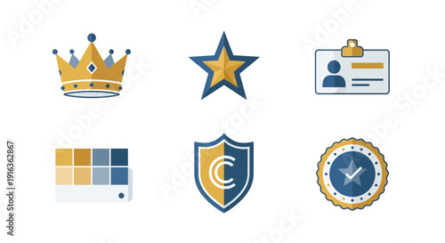 Award and recognition icons: crown, star, badge, ID card, shield