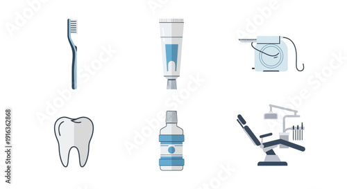 Dental Hygiene Icons: Toothbrush, Toothpaste, Floss, Tooth, Mouthwash, Chair