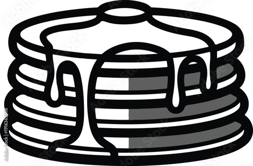 Stacked pancakes with syrup dripping from the sides, viewed from the front, a sweet breakfast treat.