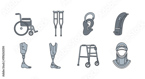 Medical Aid and Mobility Devices Icons: Wheelchair, Crutches, Prosthetics