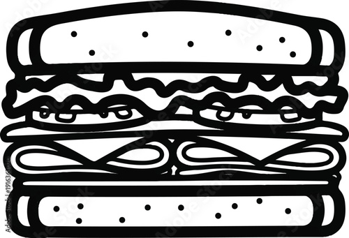 A stylized illustration of a layered sandwich with various fillings, presented in a graphic vector format.