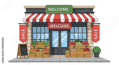 Front view of a charming grocery store features baskets of fresh fruits and vegetables under a red and white striped awning.