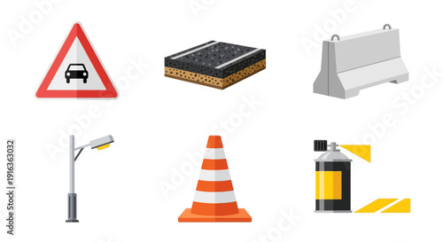 Road Construction and Traffic Safety Icons: Sign, Cone, Barrier, Lamp