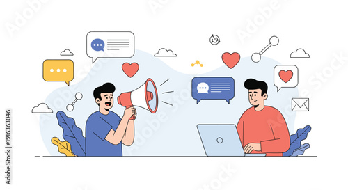 Concept of digital communication shows one man with a megaphone and another on a laptop surrounded by social media icons.