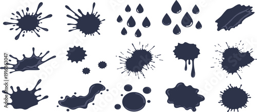 Dark ink splatter vector icon set with liquid paint splashes blotches messy spray drops and organic fluid stains for creative grunge artistic background design.