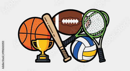 Wallpaper Mural Sports Equipment and Trophy Icons: Ball, Bat, Racquets, Volleyball, Football Torontodigital.ca
