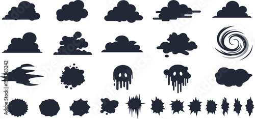 Dark smoke cloud vector set with mysterious black fog silhouettes dripping skull icons swirling vortexes and jagged shadow shapes for atmospheric game design elements.