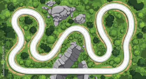 Bird's-eye view shows a winding white race track curving through a lush green forest with large gray natural rock formations.