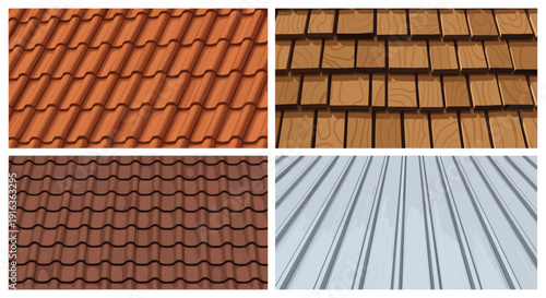 Four distinct textures for roofing materials include clay tiles, wooden shingles, and corrugated industrial metal sheets.