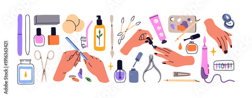Hands and manicure items set. Tools and equipment to care for nails. Beauty accessories for women: polish gels, clippers, scissors and pushers. Flat isolated vector illustrations on white background